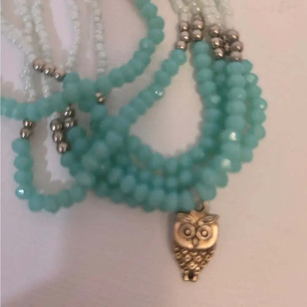Owl Mixed Seed Crystal Beads Stacked Adjustable Bracelet Crystals Aqua Silver